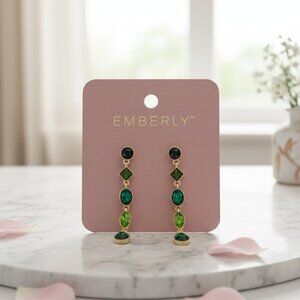Emberly Gold Tone Green Crystal Drop Earrings Faceted Glass 2.5 In Pierced